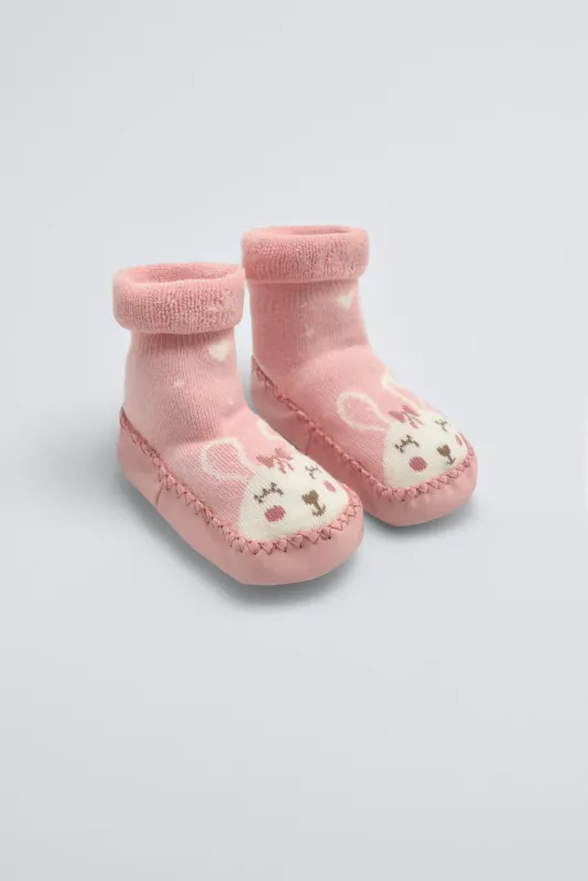 Calzino termico per neonati con suola antiscivolo rosa